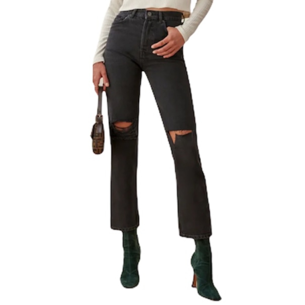 REFORMATION Cynthia High Rise Straight Jeans Lagoon Destroyed Black Wash Size 25